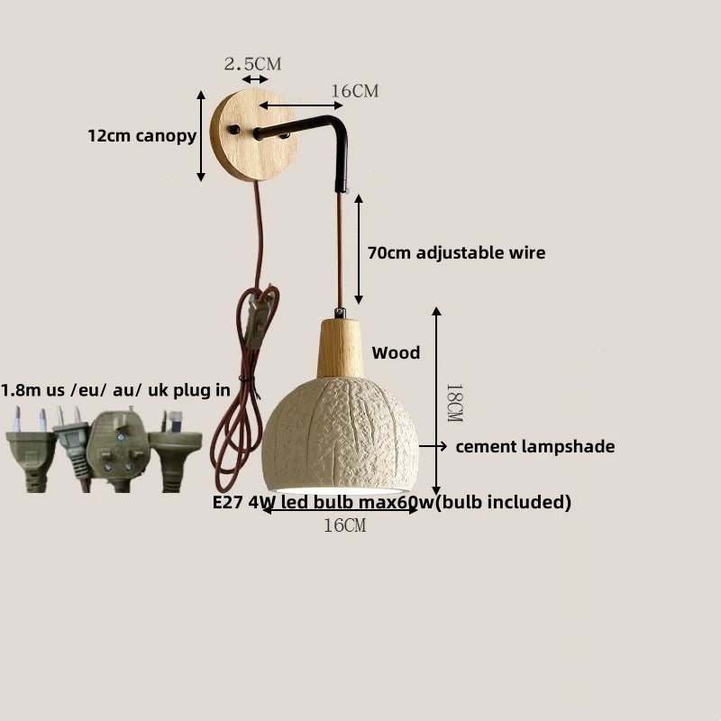 Adjustable Wall Lights Pull Chain Switch Wood Socket Cement Modern Bedside Lamp