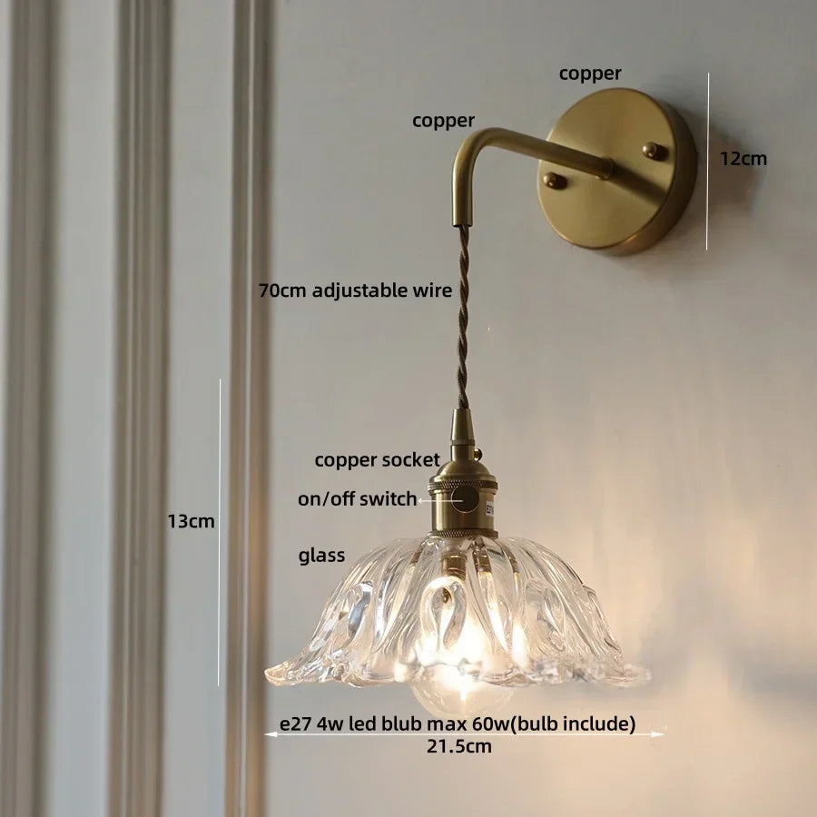 Amber Glass LED Wall Sconce, Brass Finish, Adjustable Wire, Modern Nordic Style