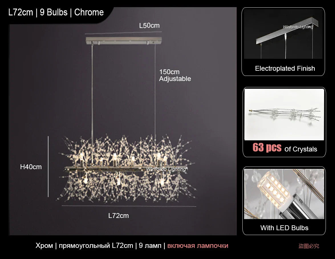 Rectangle Crystal Chandelier - Mid-century Art Deco Long Hanging Lamp