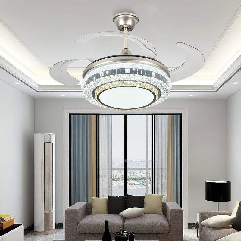 Gold Crystal Retractable Blades Modern LED Ceiling Fan 42" Smart Lightning