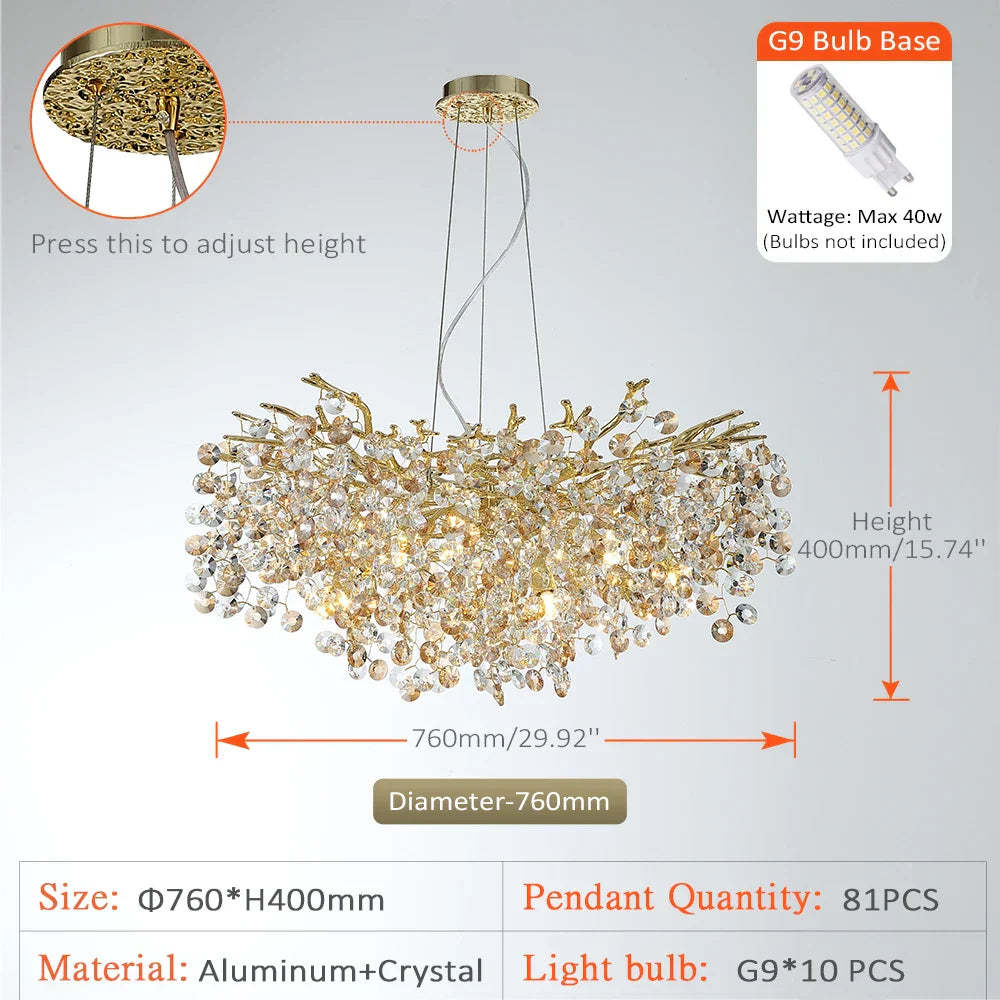Sun Crystal Gold Lustre Chandelier: Nordic Villa Restaurant LED Ceiling Lamps