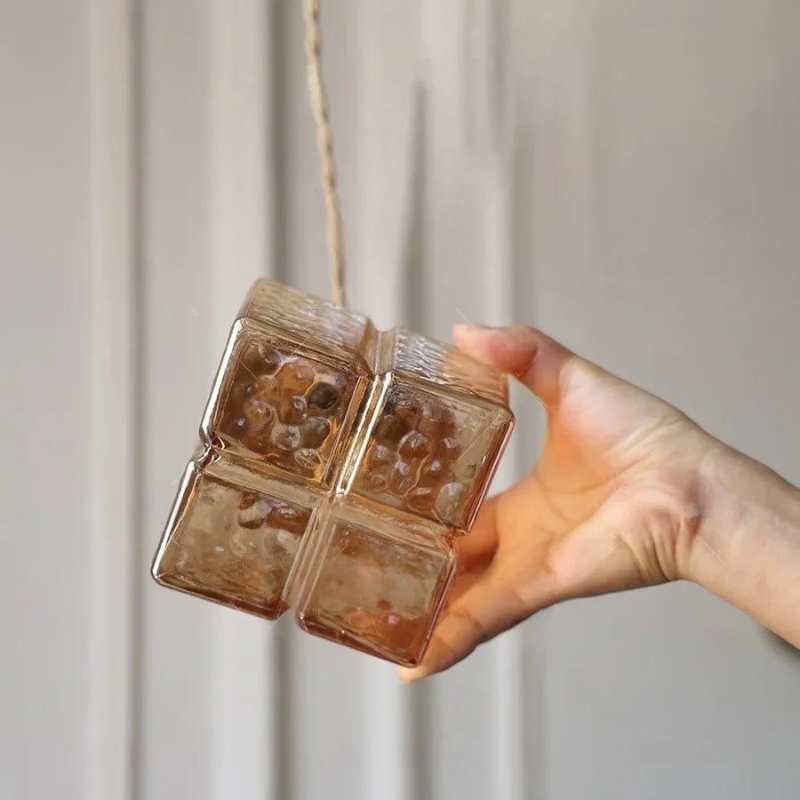 Afralia™ Amber Glass Cube LED Pendant Lights, Japanese Style for Kitchen, Bedroom, Coffee.