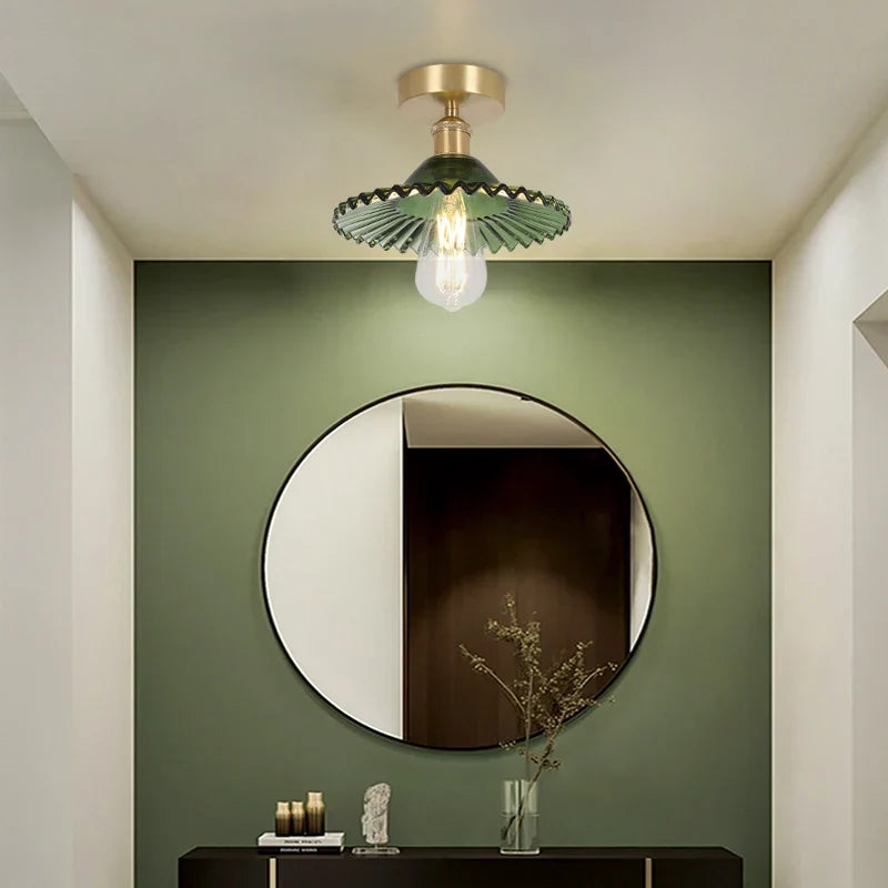 Green Glass Copper Ceiling Light Fixture Balcony Kitchen Modern LED Lamp