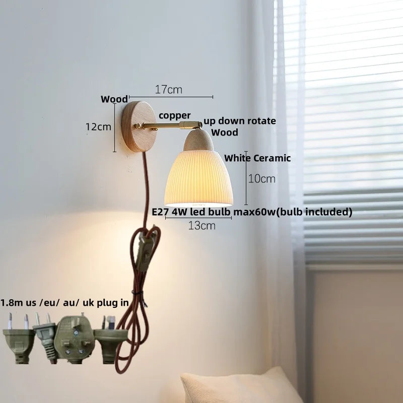 Wood Canopy LED Wall Light Pull Chain Switch Nordic Modern Bedside Sconce