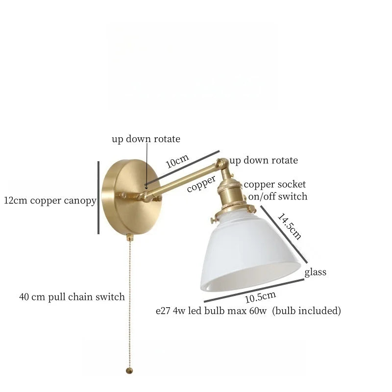 Green Glass LED Wall Sconce, Pull Chain Switch, for Bedside, Bathroom, Living Room