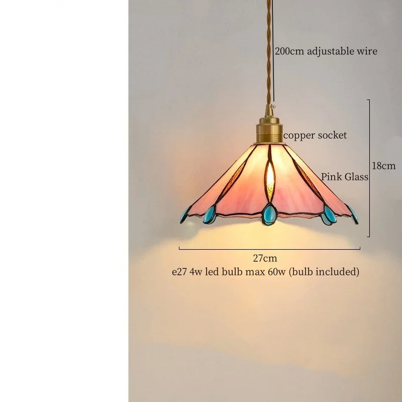 Tiffany Glass LED Pendant Light - Copper Vintage Hanging Lamp