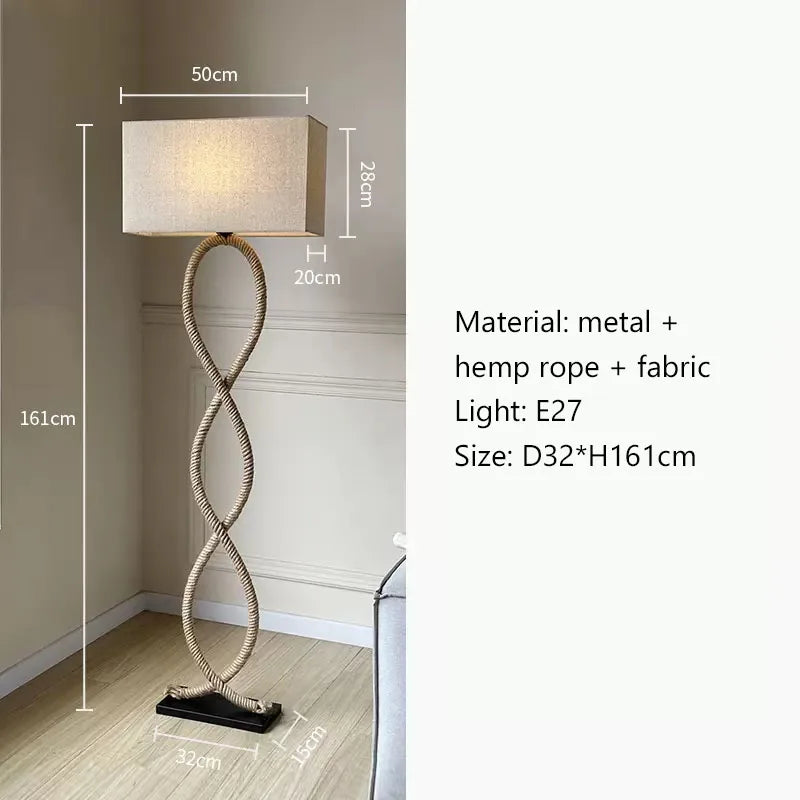Hemp Rope Fabric Shade LED Floor Lamp for Nordic Retro Wabi Sabi Style