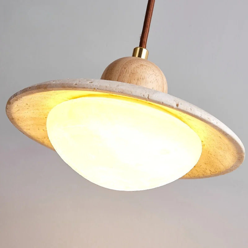 LED Pendant Lights Yellow Travertine Wood Hanging Lamp for Bedroom Dining Room