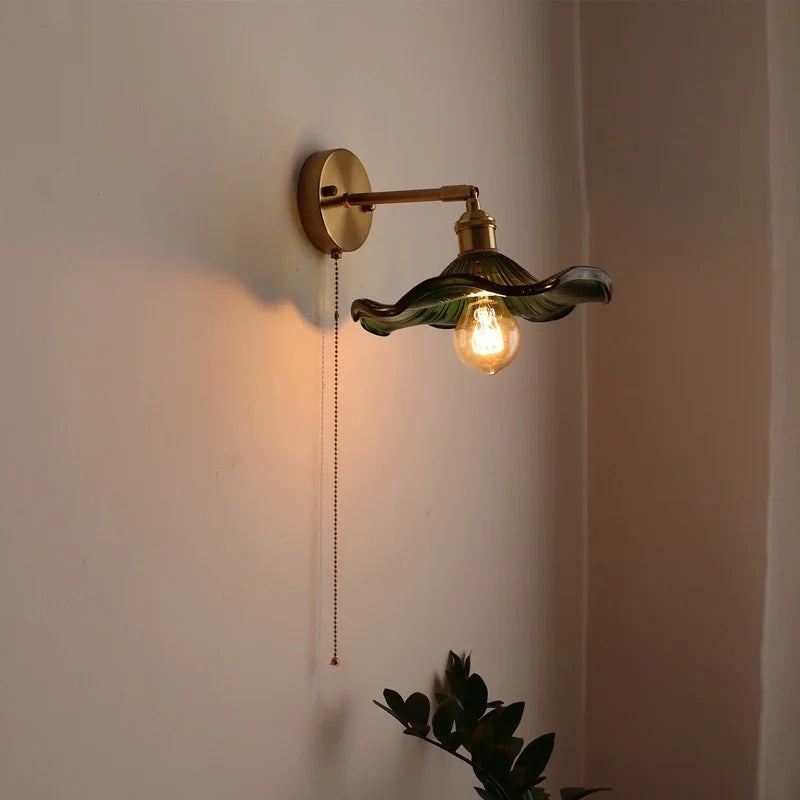 LED Glass Copper Wall Sconce Pull Chain Switch Lamp for Bedroom Living Room