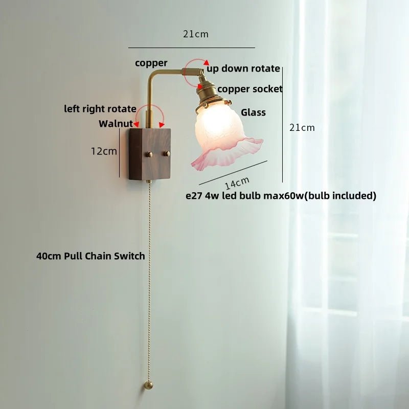 Yellow Glass LED Wall Sconce Walnut Wood Bedside Lamp