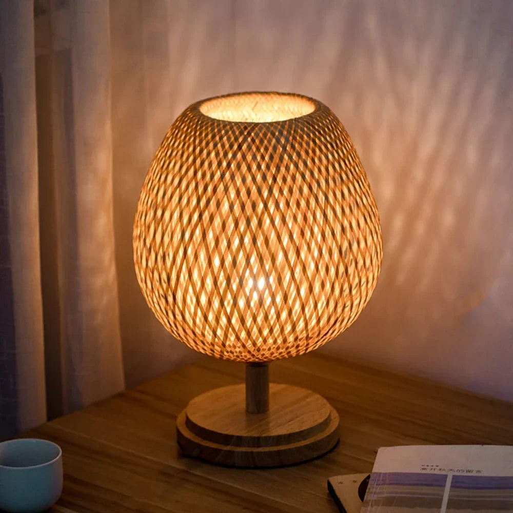 Handcrafted Bamboo Table Lamp with Wood Rattan Lampshade