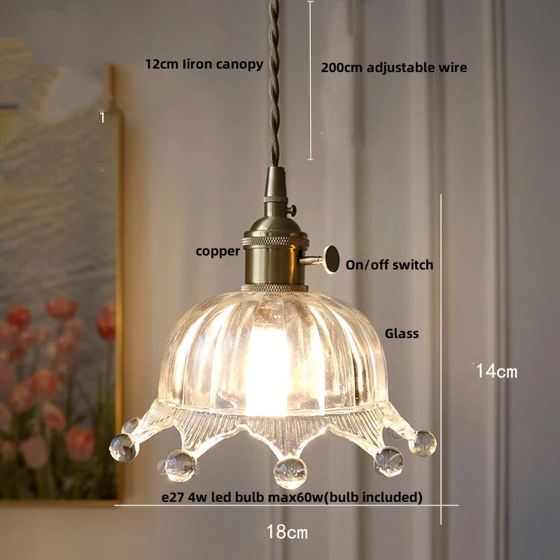 Flower Glass LED Pendant Light - Copper Socket Fixture for Home Decor