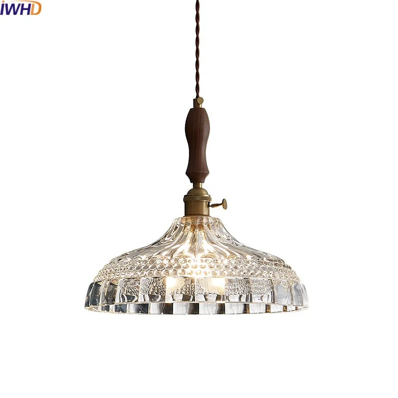 LED Pendant Light Fixture Wood Handle Clear Glass Modern Hanging Lamp