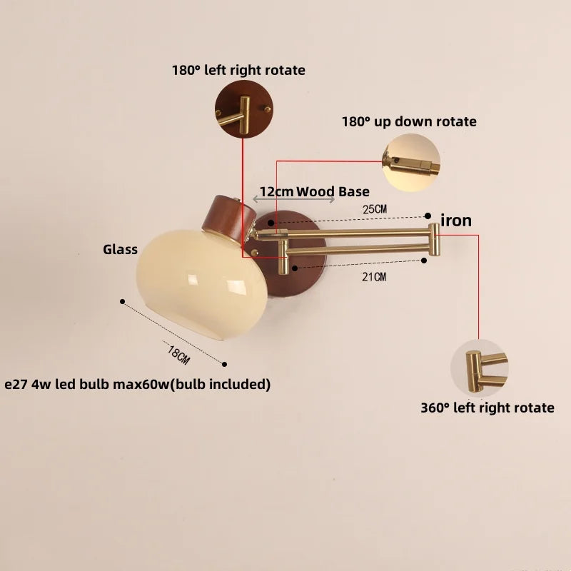 Modern Wood Wall Light with Swing Arm, Rotatable Design & Pull Chain Switch