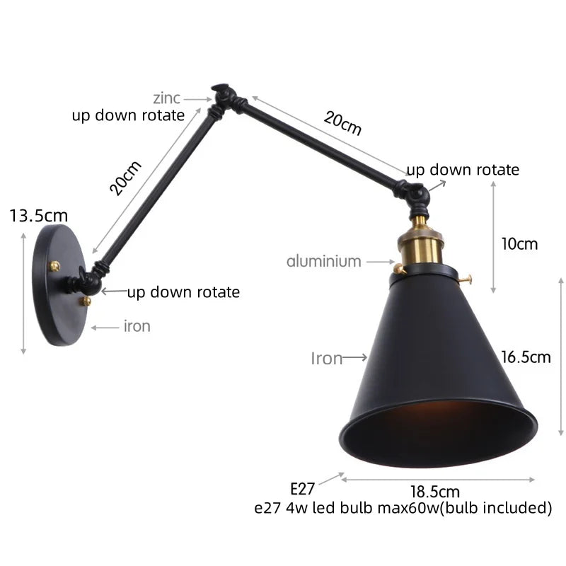 Vintage Iron Gold LED Wall Lamp with Long Arm and Pull Chain Switch