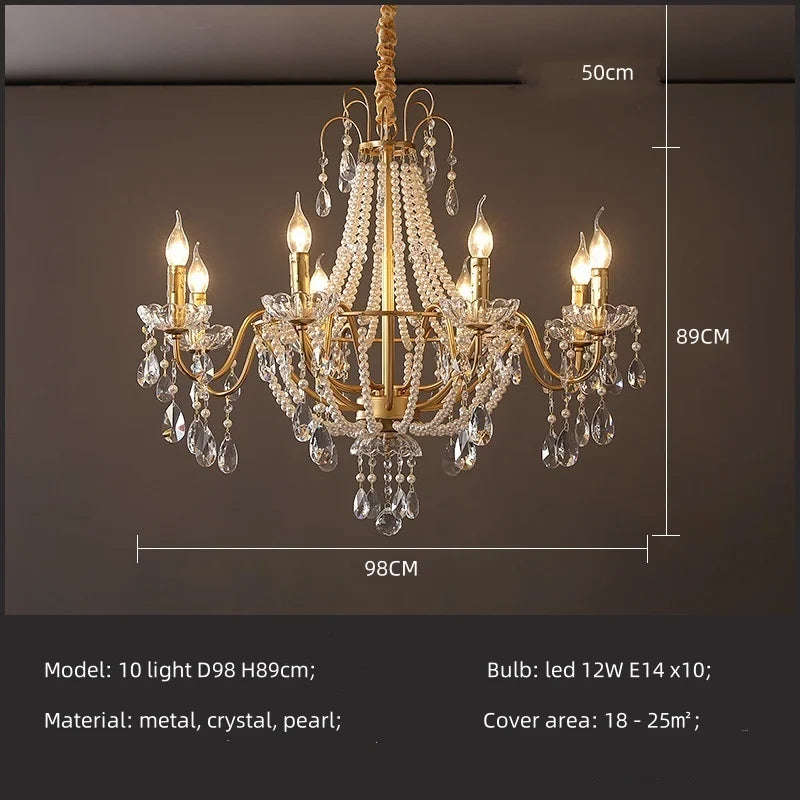 Gold Crystal Pearl Chandelier LED Pendant Lights Luxe Living Room Decor