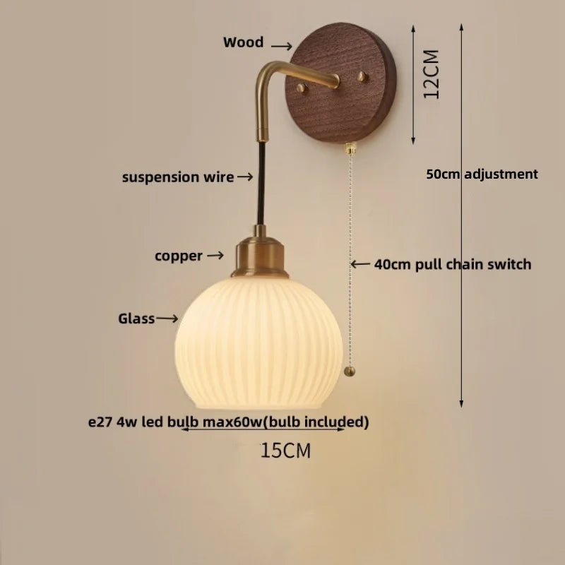 Wood LED Wall Lamp with Pull Chain Switch for Living Room, Dining Room, Bathroom