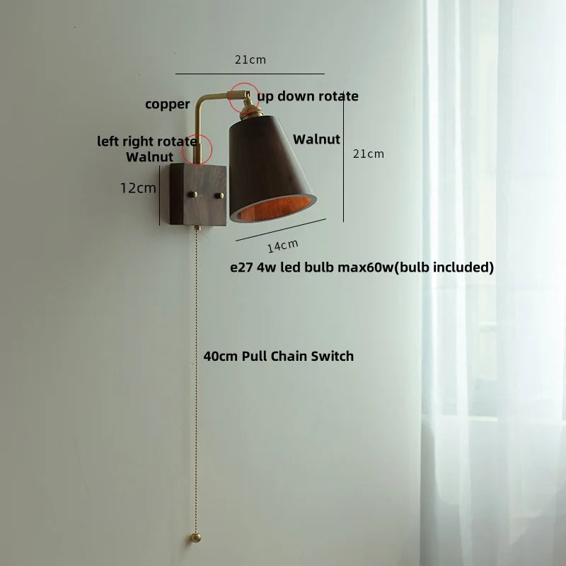 Loft Wood LED Wall Light Fixture Rotatable Bedside Lamp Vintage Walnut