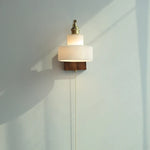 White Glass LED Wall Light Fixture Walnut Wood Brass Pull Chain Switch