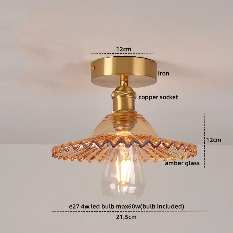 Green Glass Copper Ceiling Light Fixture Balcony Kitchen Modern LED Lamp