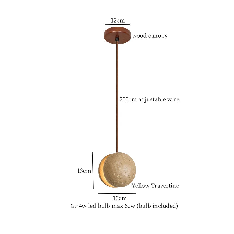 Yellow Travertine Spherical Stone LED Pendant Light for Bedroom Dining Living Room