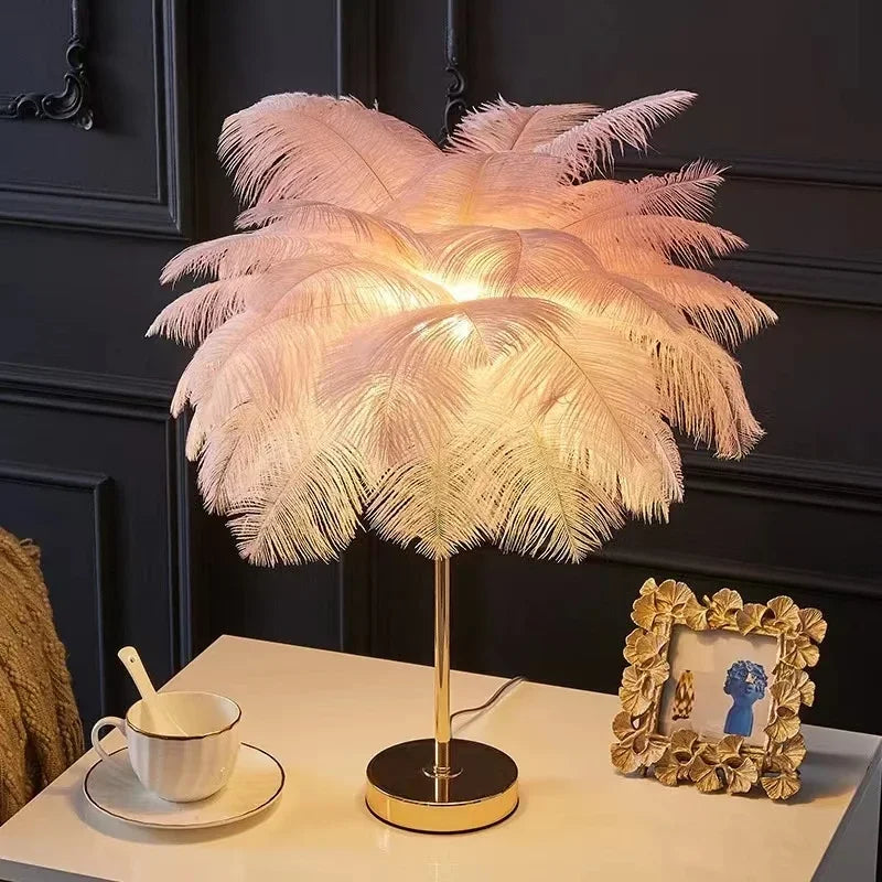 Nordic Ostrich Feather Table Lamp: Romantic Pink White Bedside Wedding Light