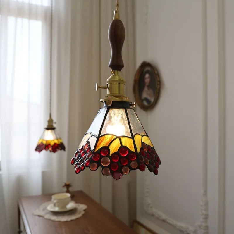 Walnut Wood LED Pendant Light Fixture Wine Red Glass Vintage Brass Hang Lamp
