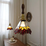 Walnut Wood LED Pendant Light Fixture Wine Red Glass Vintage Brass Hang Lamp