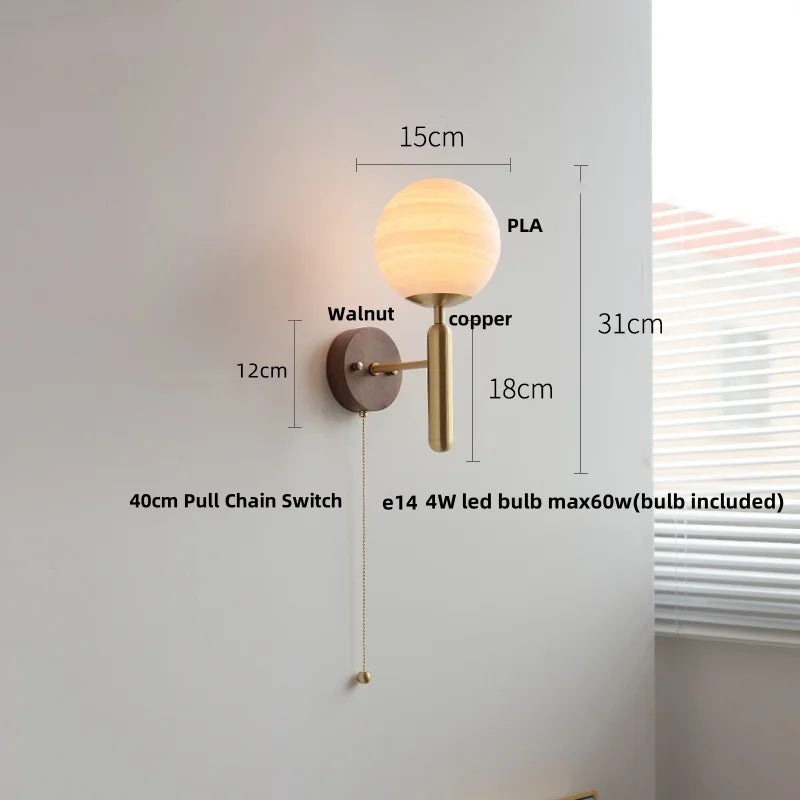 White Glass LED Wall Sconce with Pull Chain Switch & Copper Base