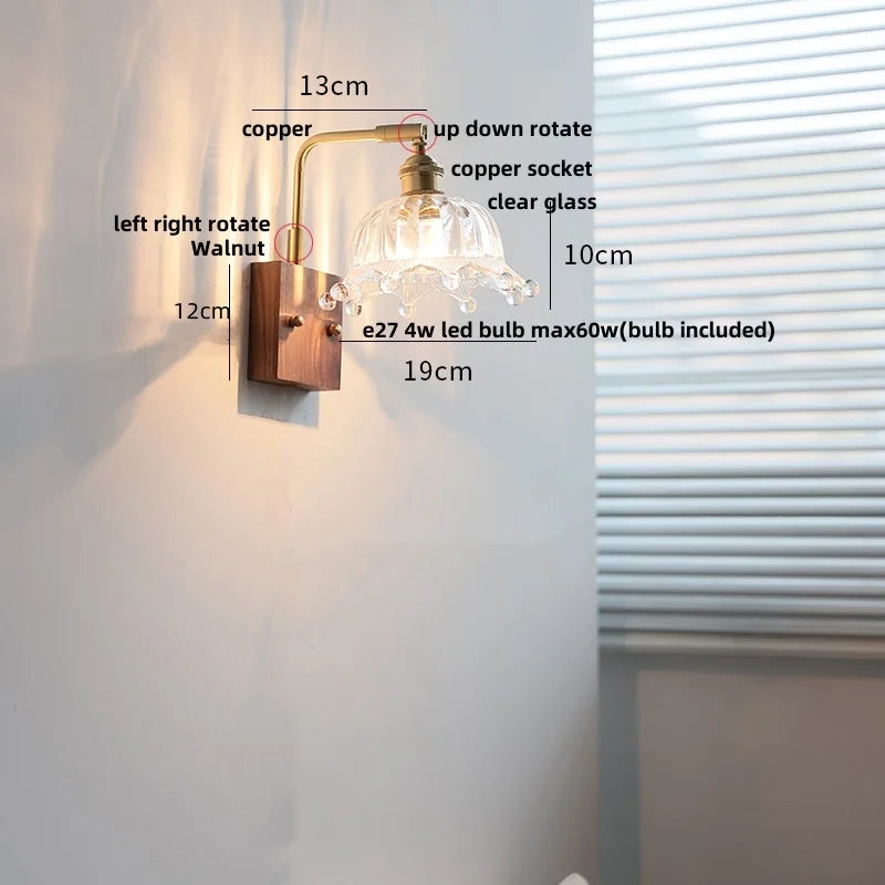 Walnut Glass LED Wall Light: Modern Brass Rotatable Bedside Lamp