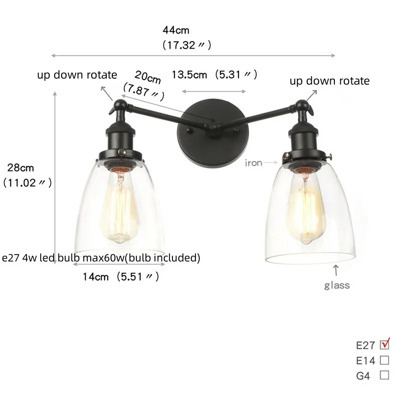 Black LED Wall Sconce 2-Head Lamp for Bedroom Bathroom Mirror
