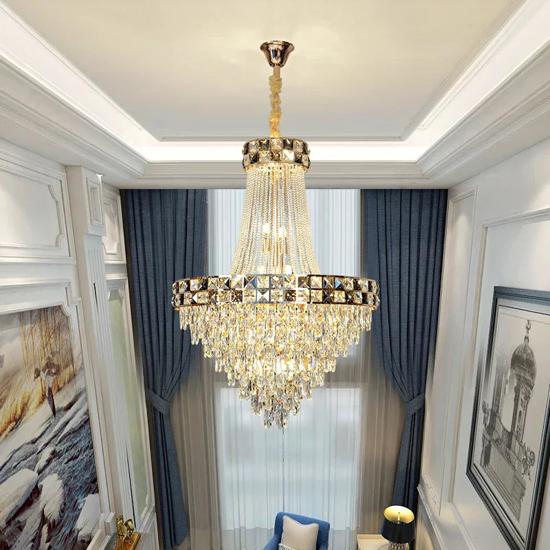 Crystal Chandelier: Smart Dimming Duplex Villa Pendant for Luxe Living Rooms