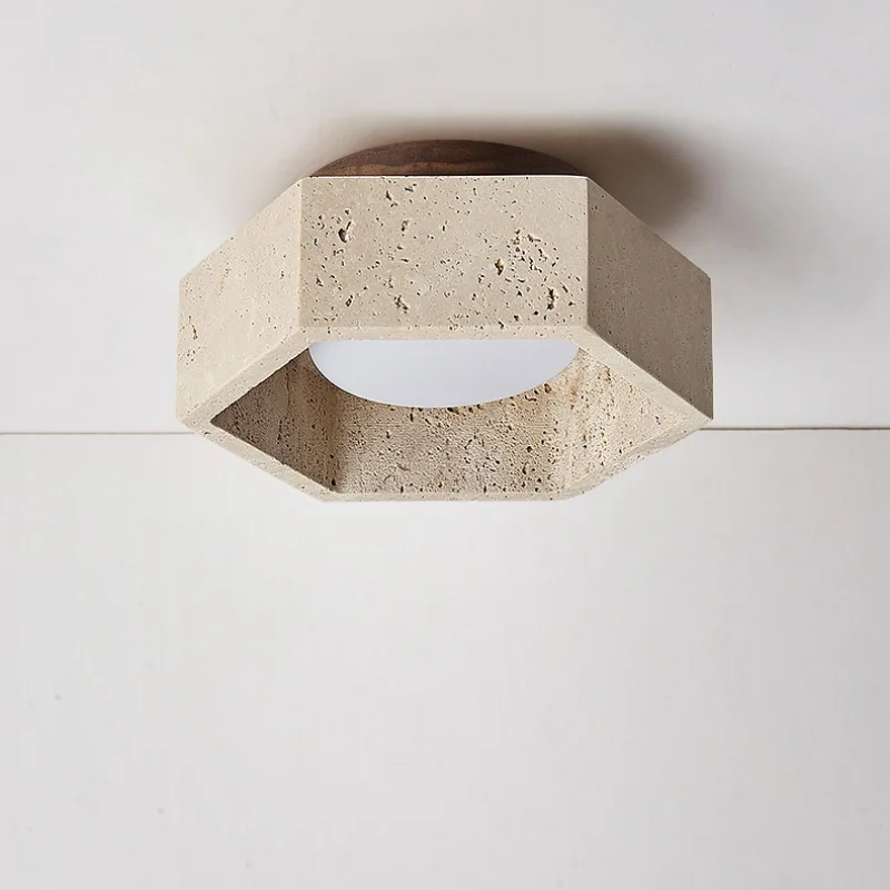 White Glass LED Ceiling Light Fixture Modern Yellow Stone Wood Base Nordic Design