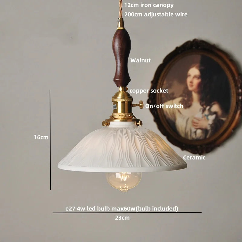 White Glass LED Pendant Light Fixture Modern Nordic Hanging Lamp Wood Ash
