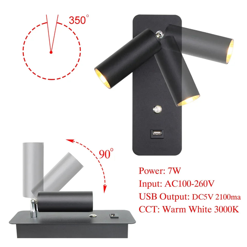LED Wall Lights with Switch and USB Interface, Modern Wall Sconce Lighting
