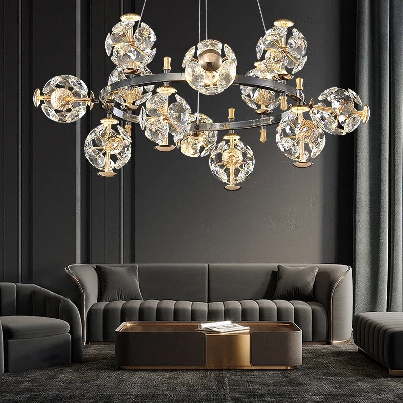 Sunflower Crystal Chandelier: Luxury Gold & Black LED Pendant Light
