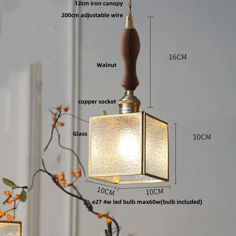 Walnut Wood LED Pendant Lamp with Cyan Glass Shade