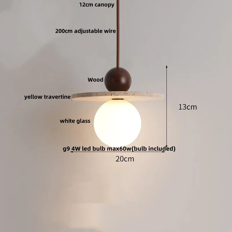Yellow Travertine Wood Wire Adjustable LED Pendant Lights Modern Nordic Living Room