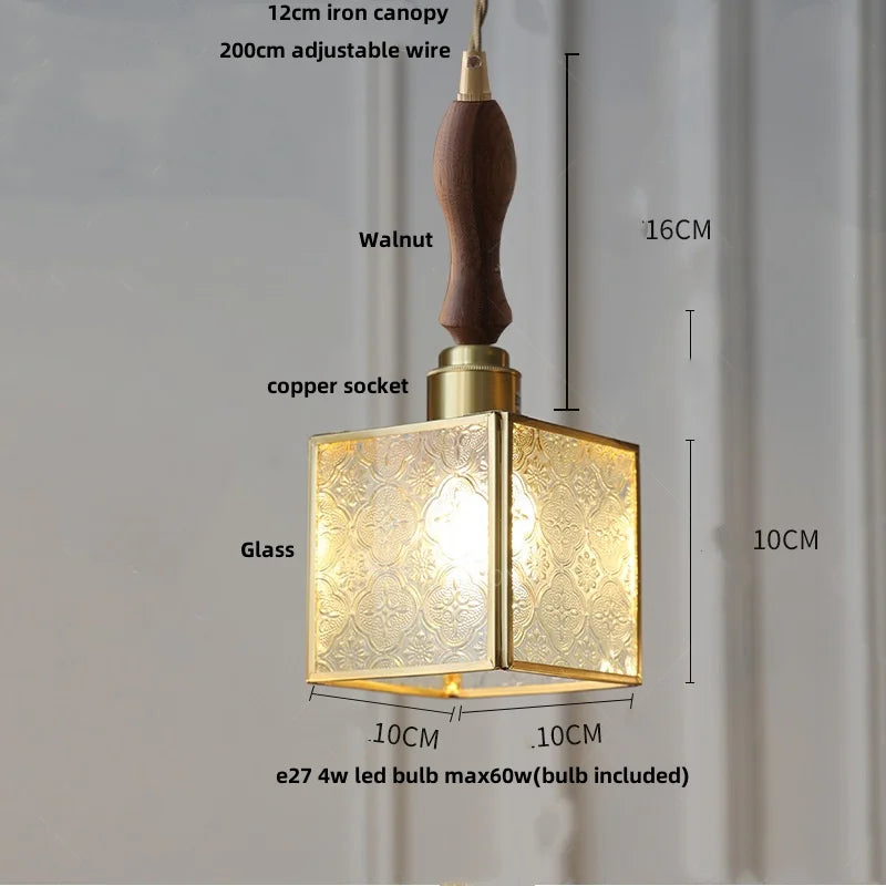Walnut Wood LED Pendant Lamp with Cyan Glass Shade