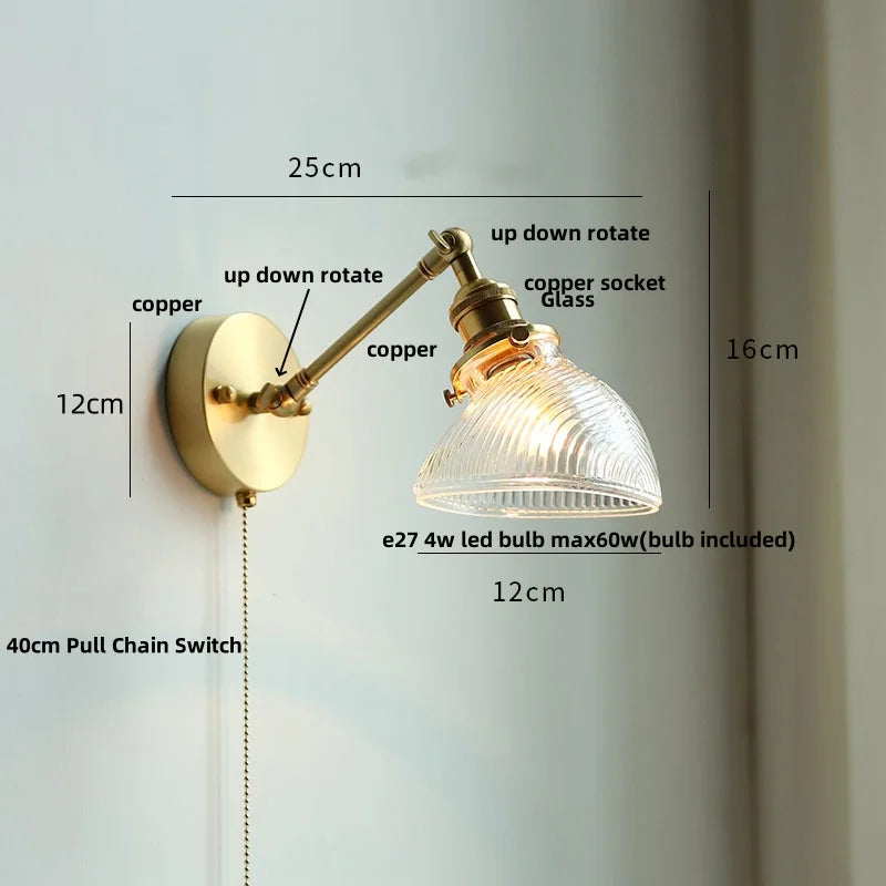 Afralia™ Brass Swing Arm LED Wall Light Fixture with Rotatable Arms & Pull Chain Switch