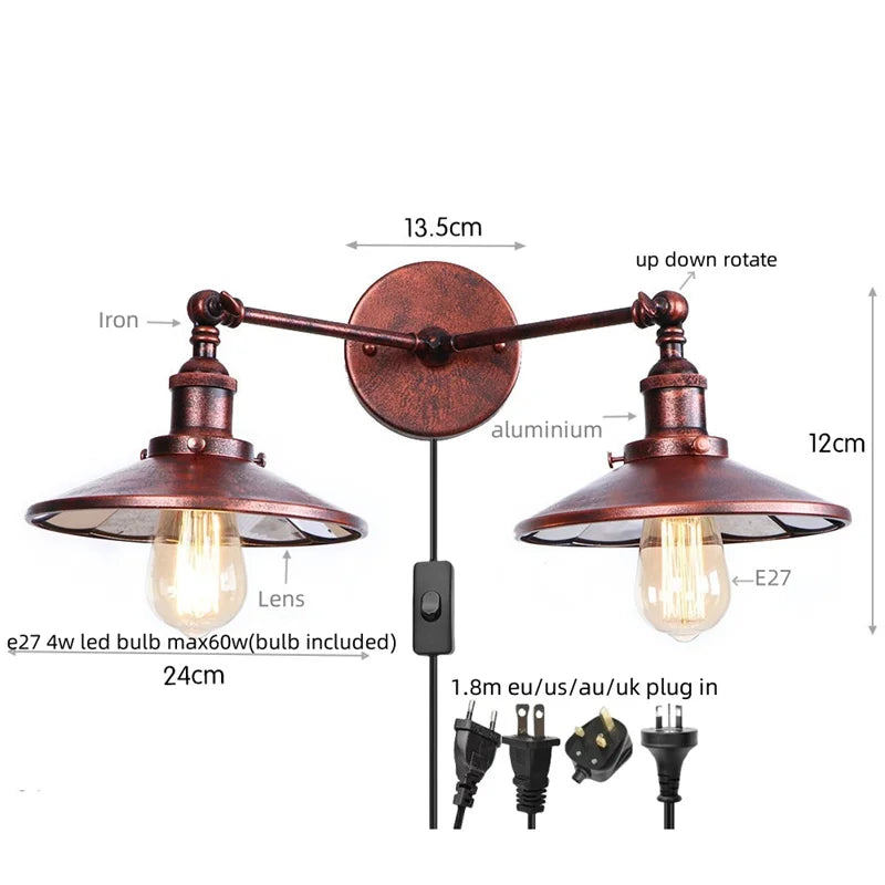 Vintage Gold Industrial Wall Lights with Pull Chain Switch and 2 Heads