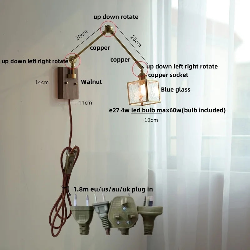 Ash Wood LED Swing Arm Wall Light with Pull Chain Switch & Blue Glass