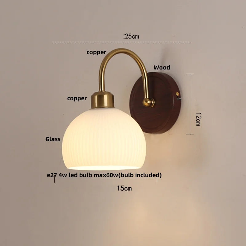 Afralia™ LED Wall Light Glass Fixture Pull Chain Switch Wood Bedside Sconce