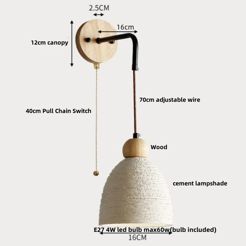 Adjustable Wall Lights Pull Chain Switch Wood Socket Cement Modern Bedside Lamp