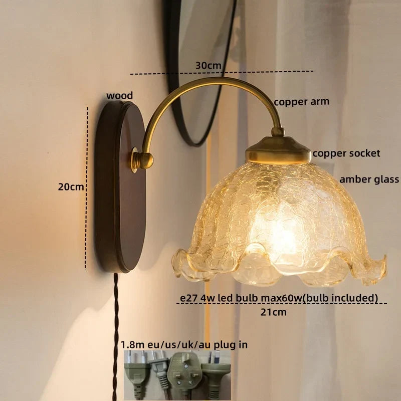 Iron Glass LED Wall Lights Modern Bedside Lamp 4w Bulb for Bathroom Bedroom Living Room