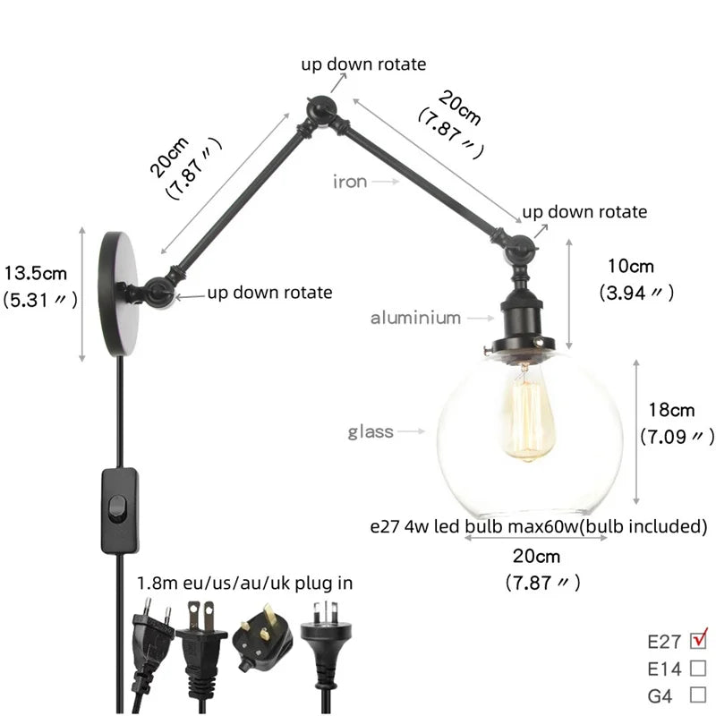 Afralia™ Vintage Industrial LED Wall Lamp with Pull Chain Switch & Clear Glass