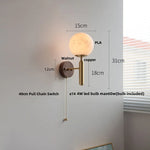 White Glass LED Wall Sconce with Pull Chain Switch, Modern Copper Base Mirror Light