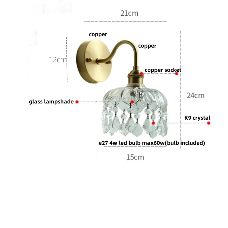 Vintage Crystal LED Wall Lights Pull Chain Switch Copper E14 Stair Fixtures