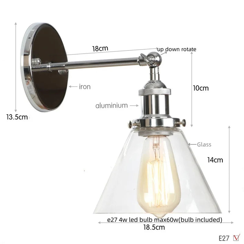 Vintage Industrial LED Wall Sconce Clear Glass Bathroom Lamp