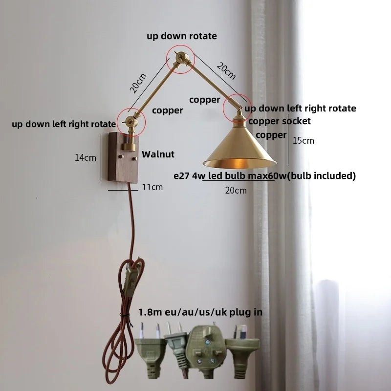 Walnut Copper Swing Arm LED Wall Light Fixture for Nodic Home Decor